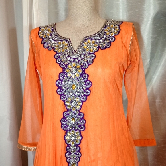 Halloween  Beaded Indian Maxi Dress, Orange, Purple floral, gold satin trim, L - Picture 2 of 12